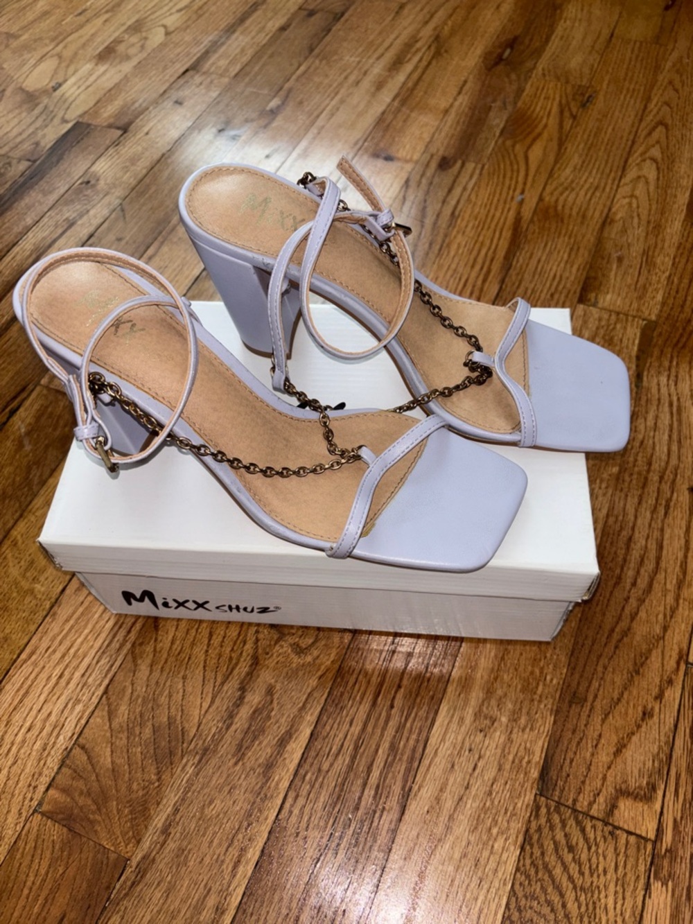 Mixx Shuz Lavender Chain-Trim Block Heel Sandals